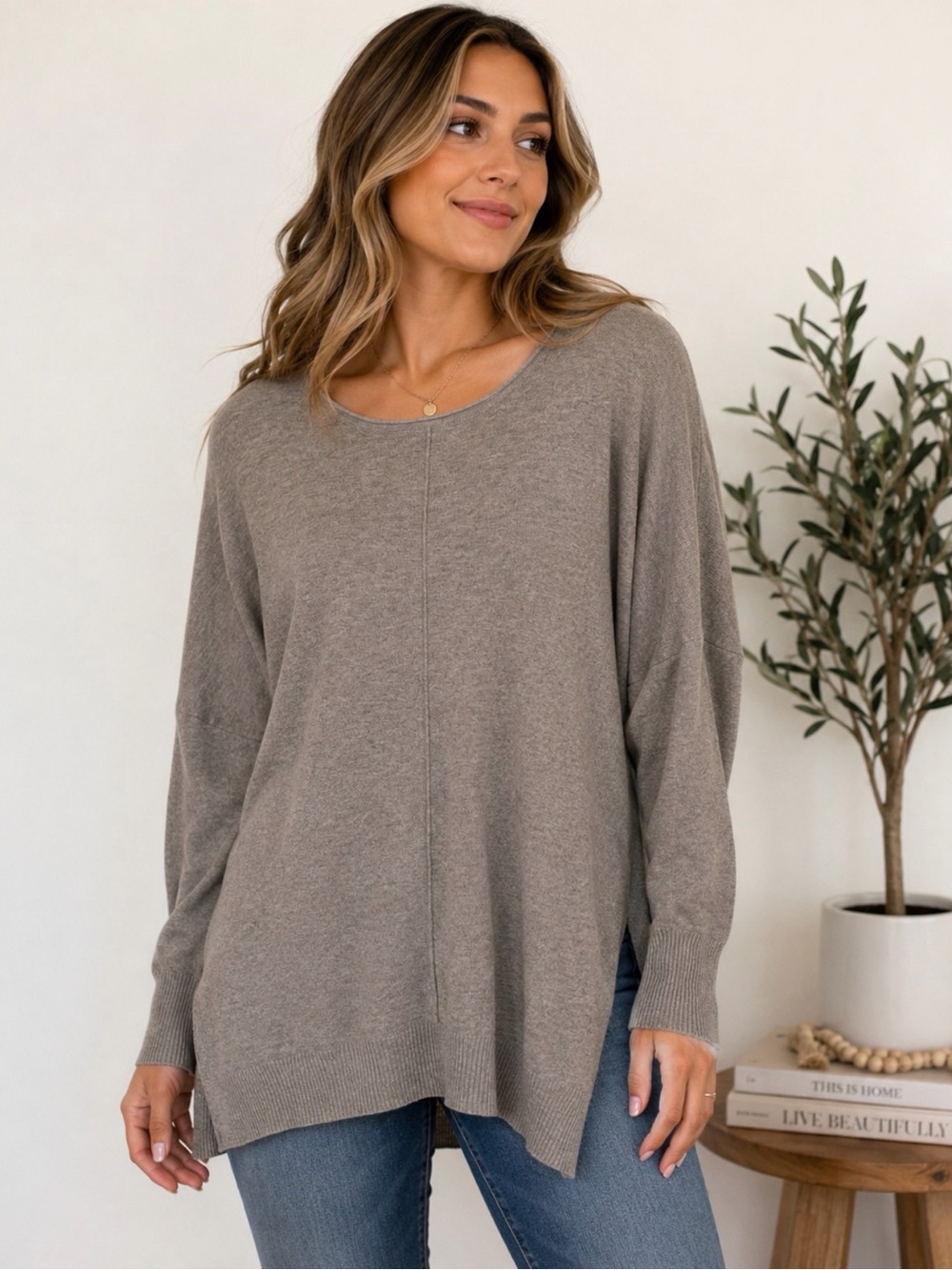 Debut Cozy Taupe Knit Pullover Sweater tunic gray relaxed oversized woman medium